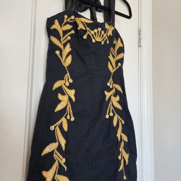 Free People Gold Leaf Motif Little Black Dress Embroidered Size 6 - Picture 6 of 14